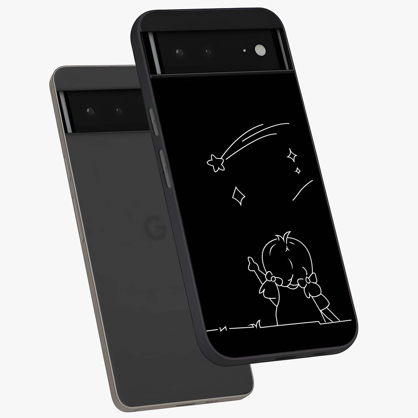 Line Art Girl With Shooting Stars Glass Case displayed in angled mockup highlighting elegant line art design with dreamy star aesthetic.