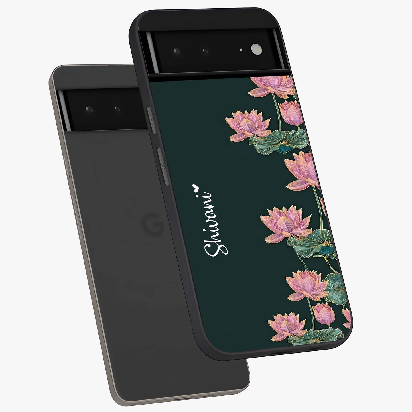 Lotus Bloom Serenity Custom Name Glass Case displayed in angled mockup highlighting graceful lotus illustration with custom name feature.