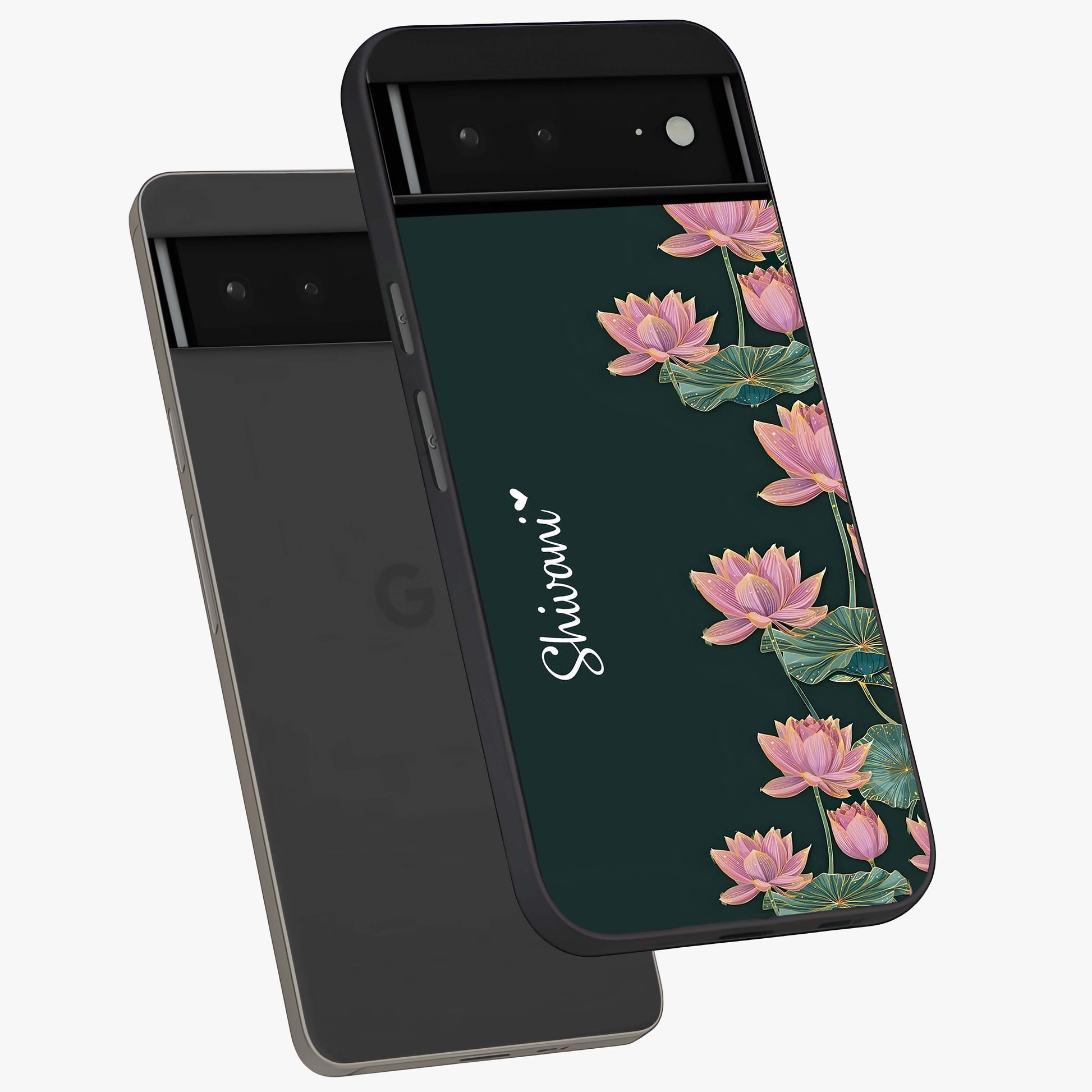 Lotus Bloom Serenity Custom Name Glass Case displayed in angled mockup highlighting graceful lotus illustration with custom name feature.