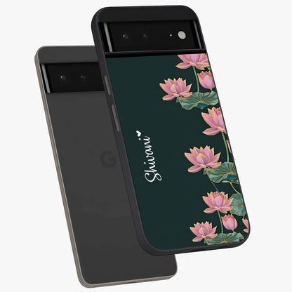 Lotus Bloom Serenity Custom Name Glass Case displayed in angled mockup highlighting graceful lotus illustration with custom name feature.