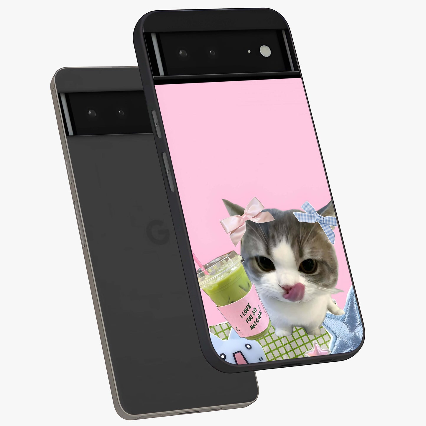 Love Matcha Cat Glass Case displayed in angled mockup highlighting playful feline illustration with cozy matcha aesthetic.