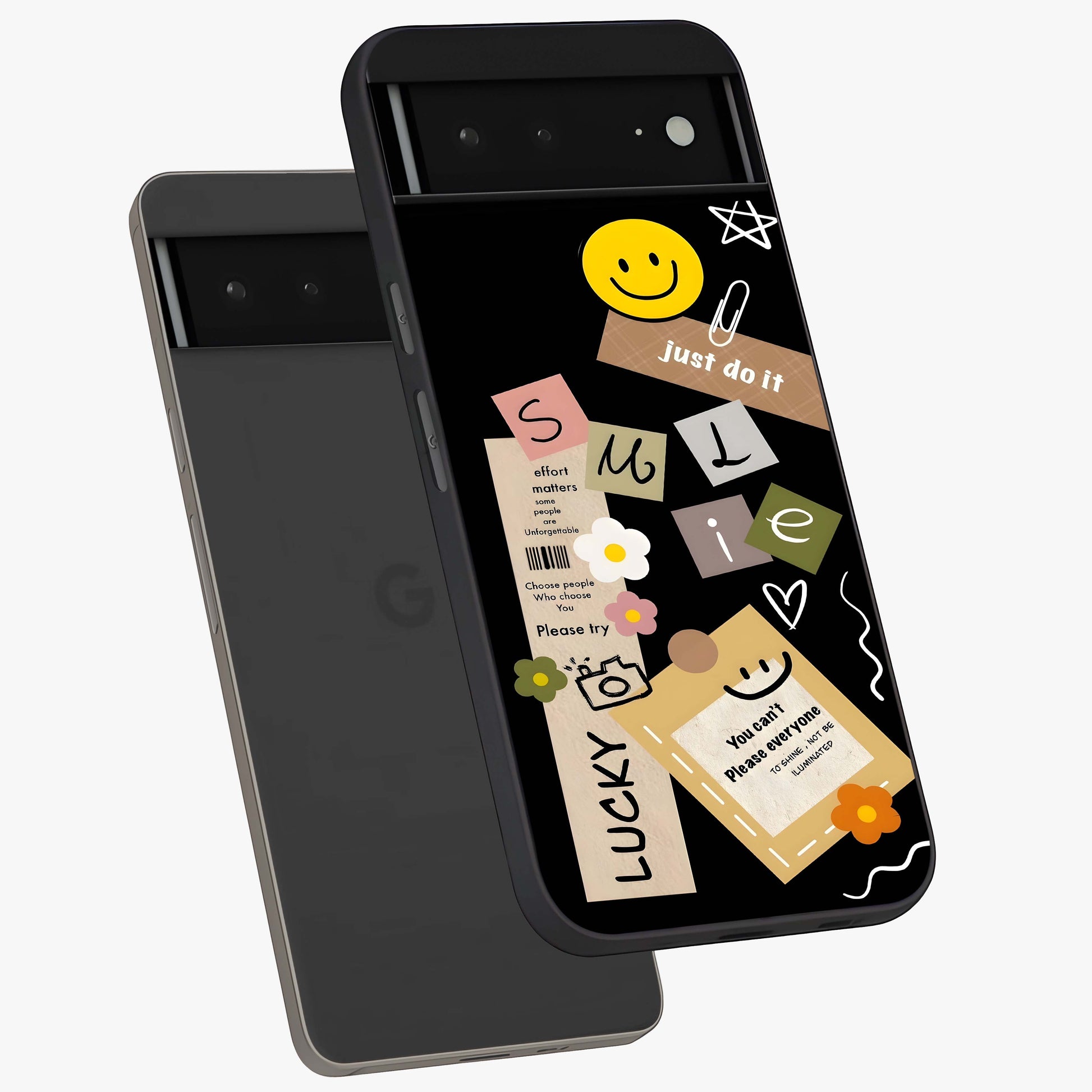 Lucky Aesthetic Collage Glass Case displayed in angled mockup highlighting stylish collage pattern with modern aesthetic vibe.