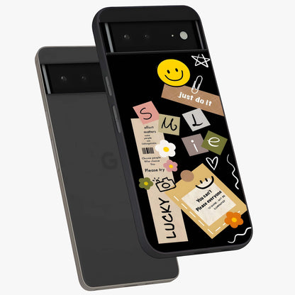 Lucky Aesthetic Collage Glass Case displayed in angled mockup highlighting stylish collage pattern with modern aesthetic vibe.