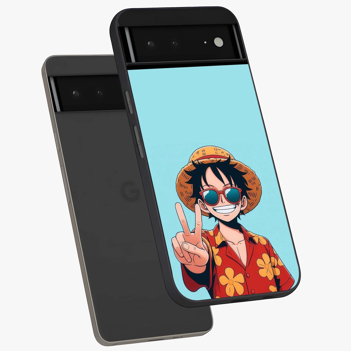 Luffy Summer Anime Vibe Glass Case displayed in angled mockup highlighting energetic anime illustration with summer vibe aesthetic.