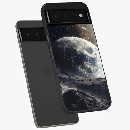 Lunar Horizon Glow Glass Case displayed in angled mockup highlighting celestial moon design with dreamy night aesthetic.