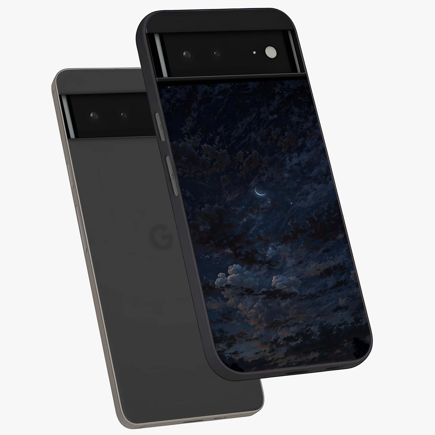 Lunar Veil Silence Glass Case displayed in angled mockup highlighting soft lunar design with peaceful celestial aesthetic.