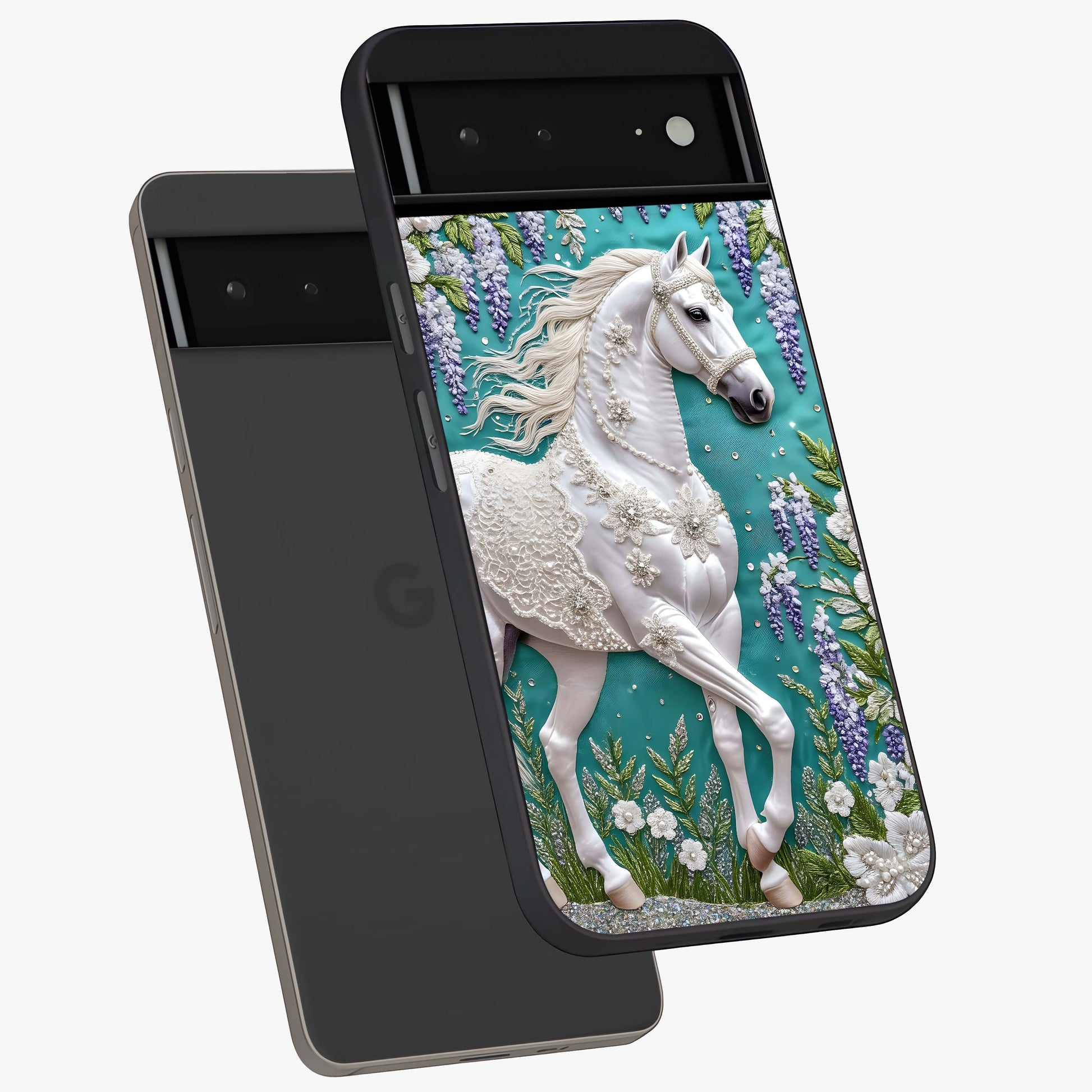 Majestic Floral Stallion Glass Case displayed in angled mockup highlighting majestic stallion illustration with elegant floral aesthetic.