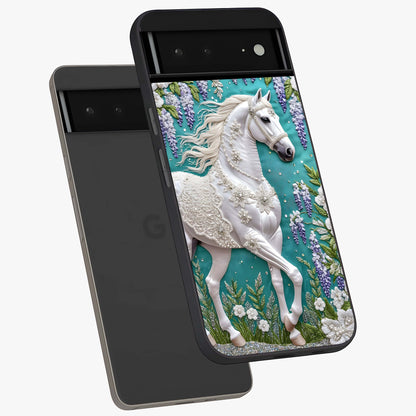 Majestic Floral Stallion Glass Case displayed in angled mockup highlighting majestic stallion illustration with elegant floral aesthetic.