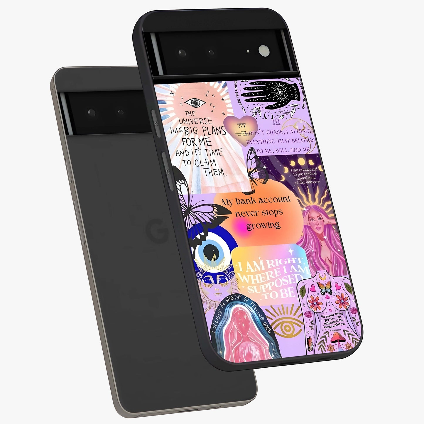 Manifestation Collage Glass Case displayed in angled mockup highlighting inspirational aesthetic collage design.