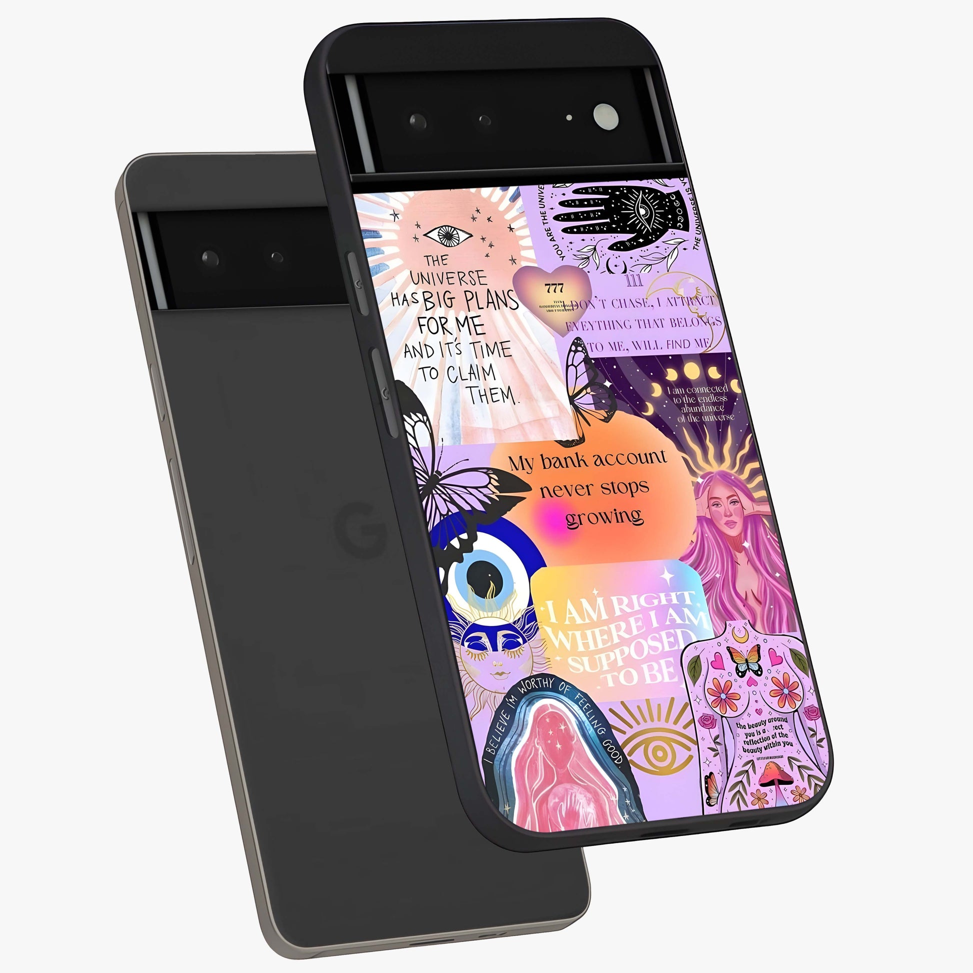 Manifestation Collage Glass Case displayed in angled mockup highlighting inspirational aesthetic collage design.