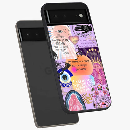 Manifestation Collage Glass Case displayed in angled mockup highlighting inspirational aesthetic collage design.