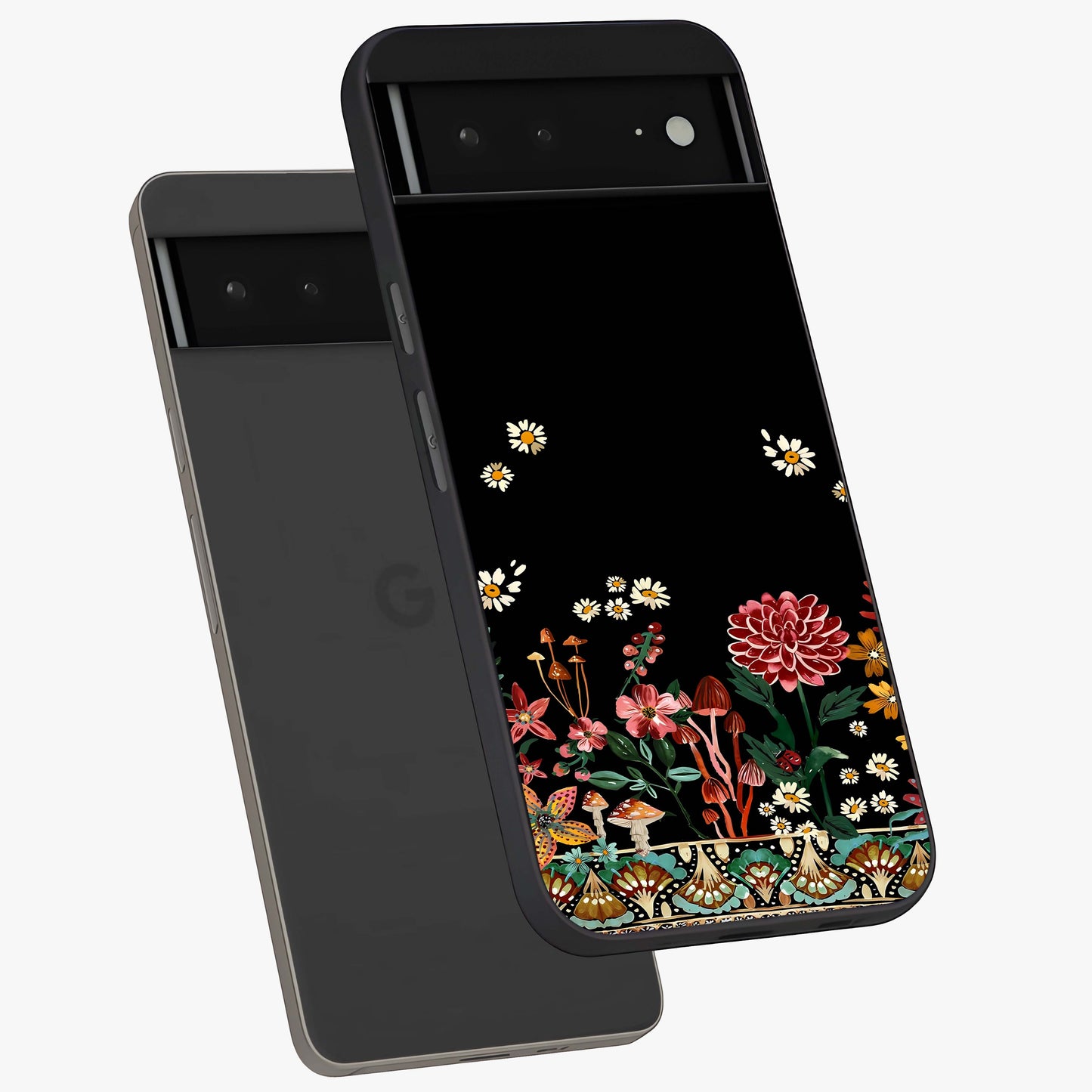 Midnight Bloom Pattern Glass Case displayed in angled mockup highlighting elegant flower design with midnight aesthetic style.