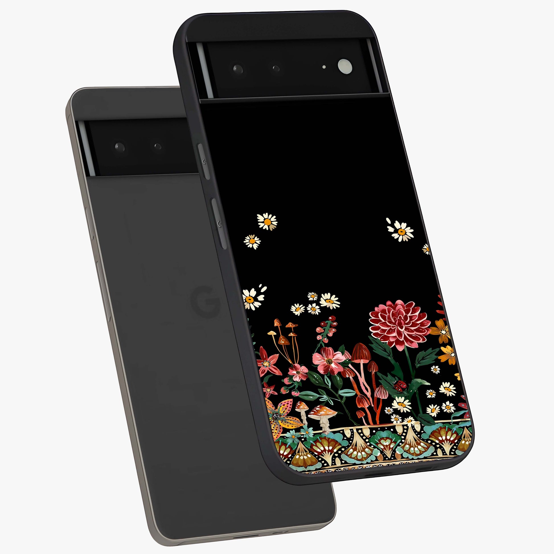 Midnight Bloom Pattern Glass Case displayed in angled mockup highlighting elegant flower design with midnight aesthetic style.