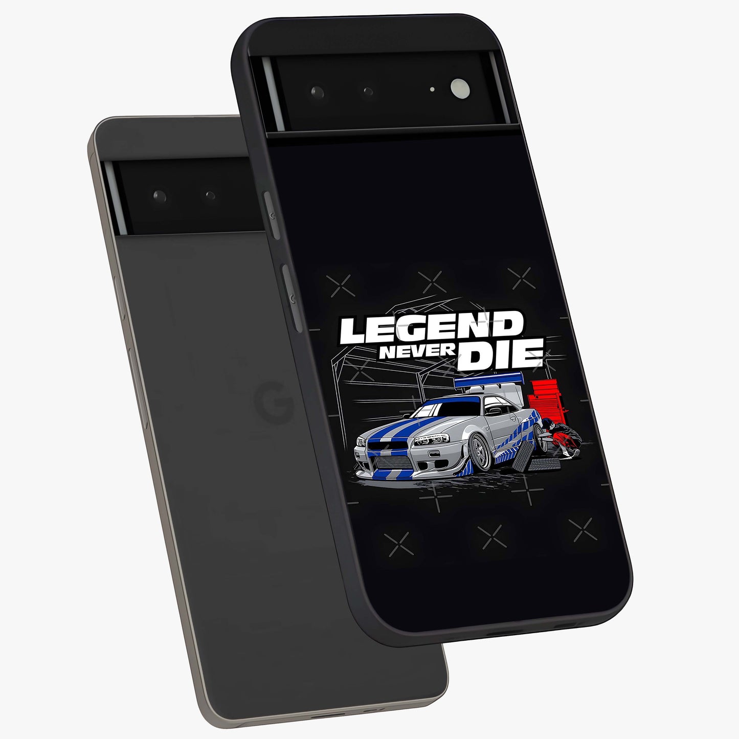 Midnight Racing Legacy Glass Case displayed in angled mockup highlighting dynamic automotive design with bold midnight aesthetic.