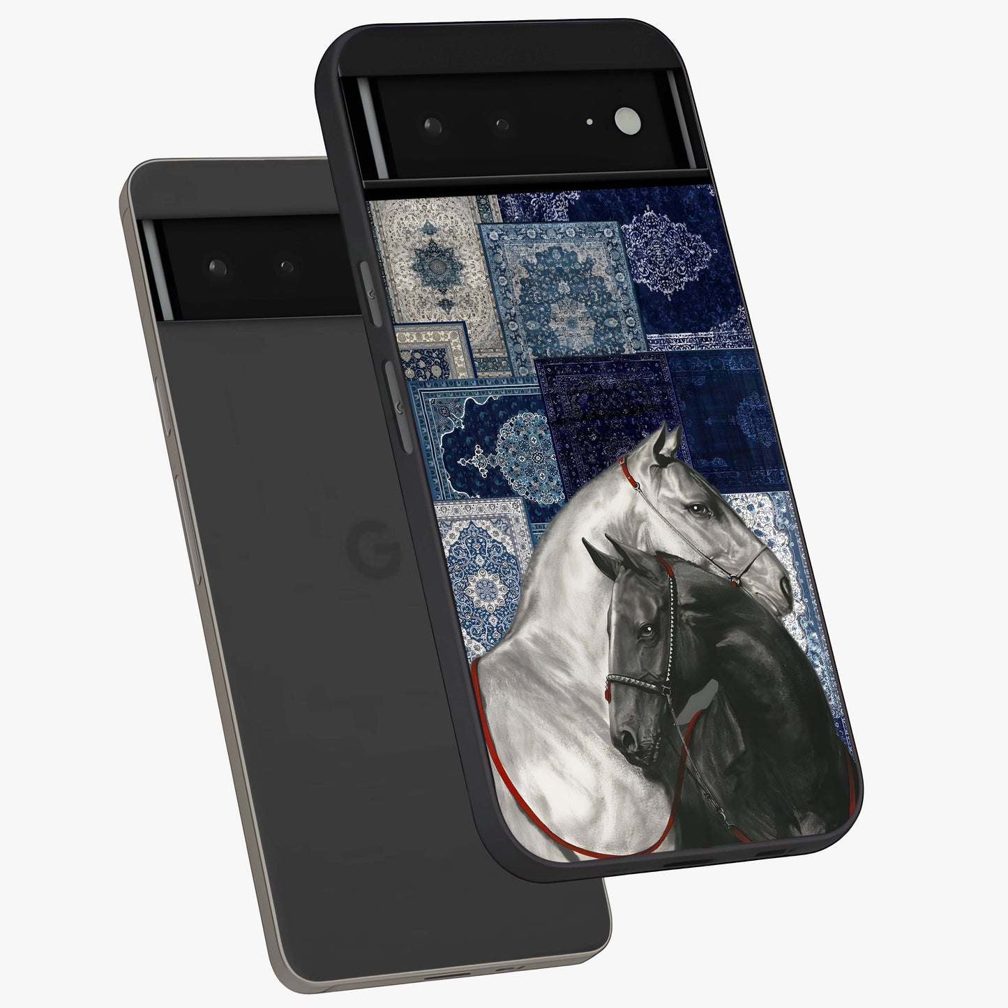Midnight Stallion Blues Glass Case displayed in angled mockup highlighting powerful stallion illustration with deep midnight tones.