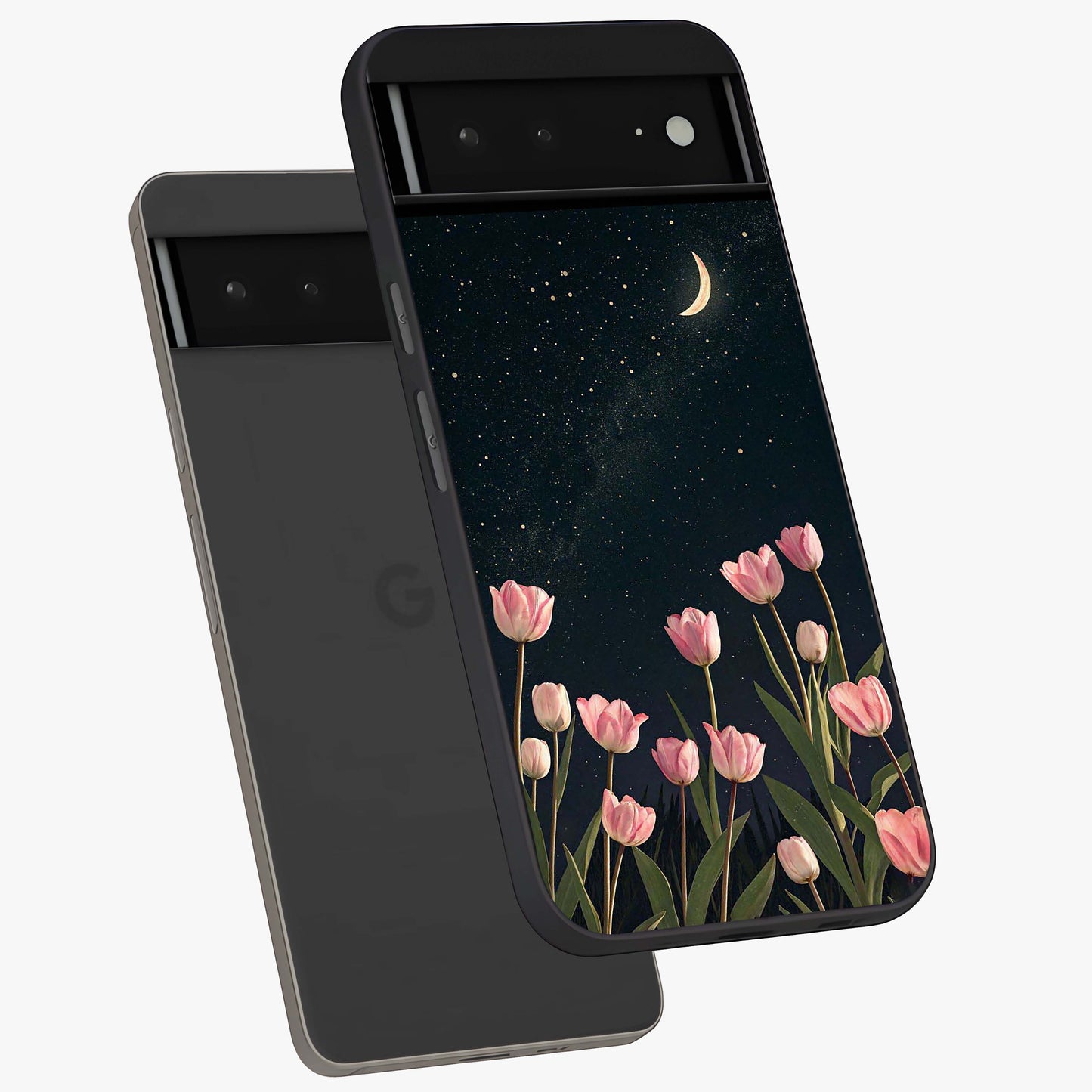 Midnight Tulip Whispers Vibe Glass Case displayed in angled mockup highlighting delicate tulip design with midnight floral aesthetic.