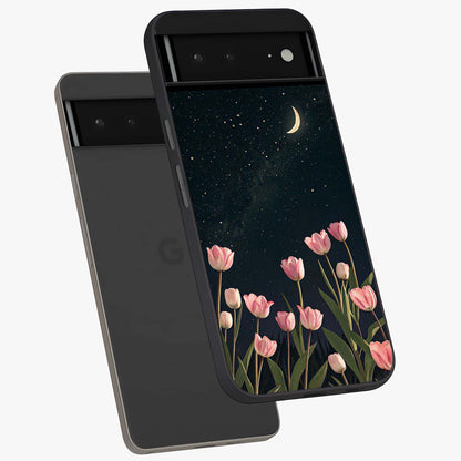 Midnight Tulip Whispers Vibe Glass Case displayed in angled mockup highlighting delicate tulip design with midnight floral aesthetic.