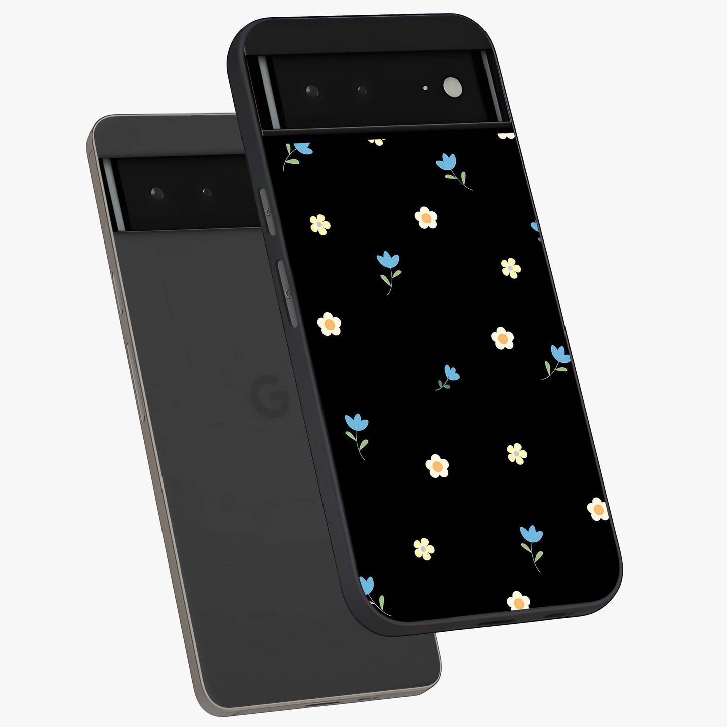 Minimal Petal Whispers Glass Case displayed in angled mockup highlighting delicate petal design with clean minimal aesthetic.