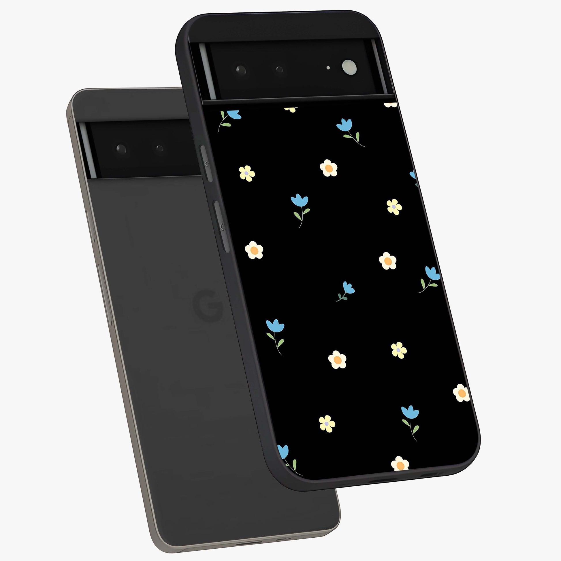 Minimal Petal Whispers Glass Case displayed in angled mockup highlighting delicate petal design with clean minimal aesthetic.