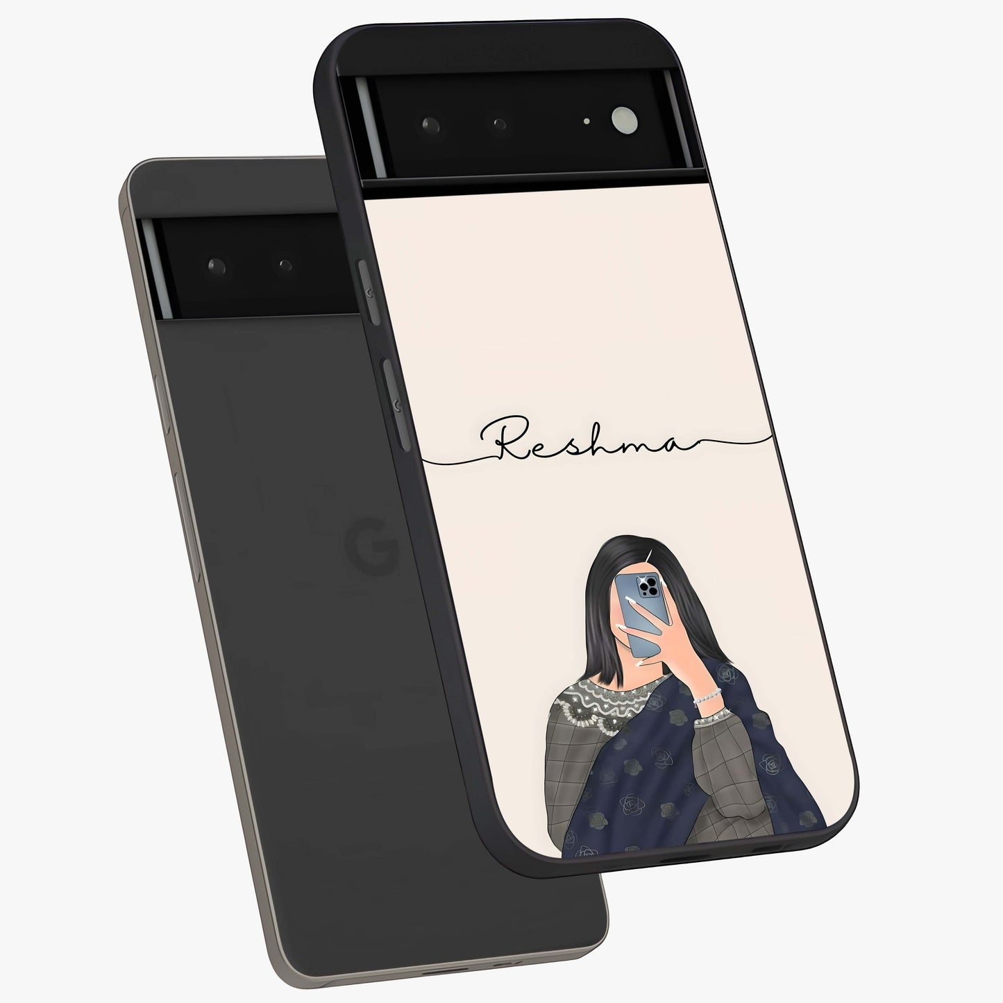 Mirror Mood Muse With Custom Name Glass Case displayed in angled mockup highlighting aesthetic mirror inspired design with custom name feature.