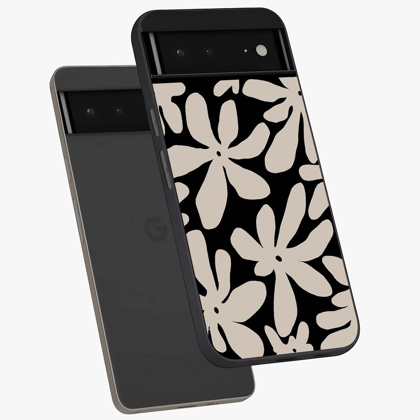 Monochrome Petal Dance Glass Case displayed in angled mockup highlighting elegant petal design with black and white aesthetic.