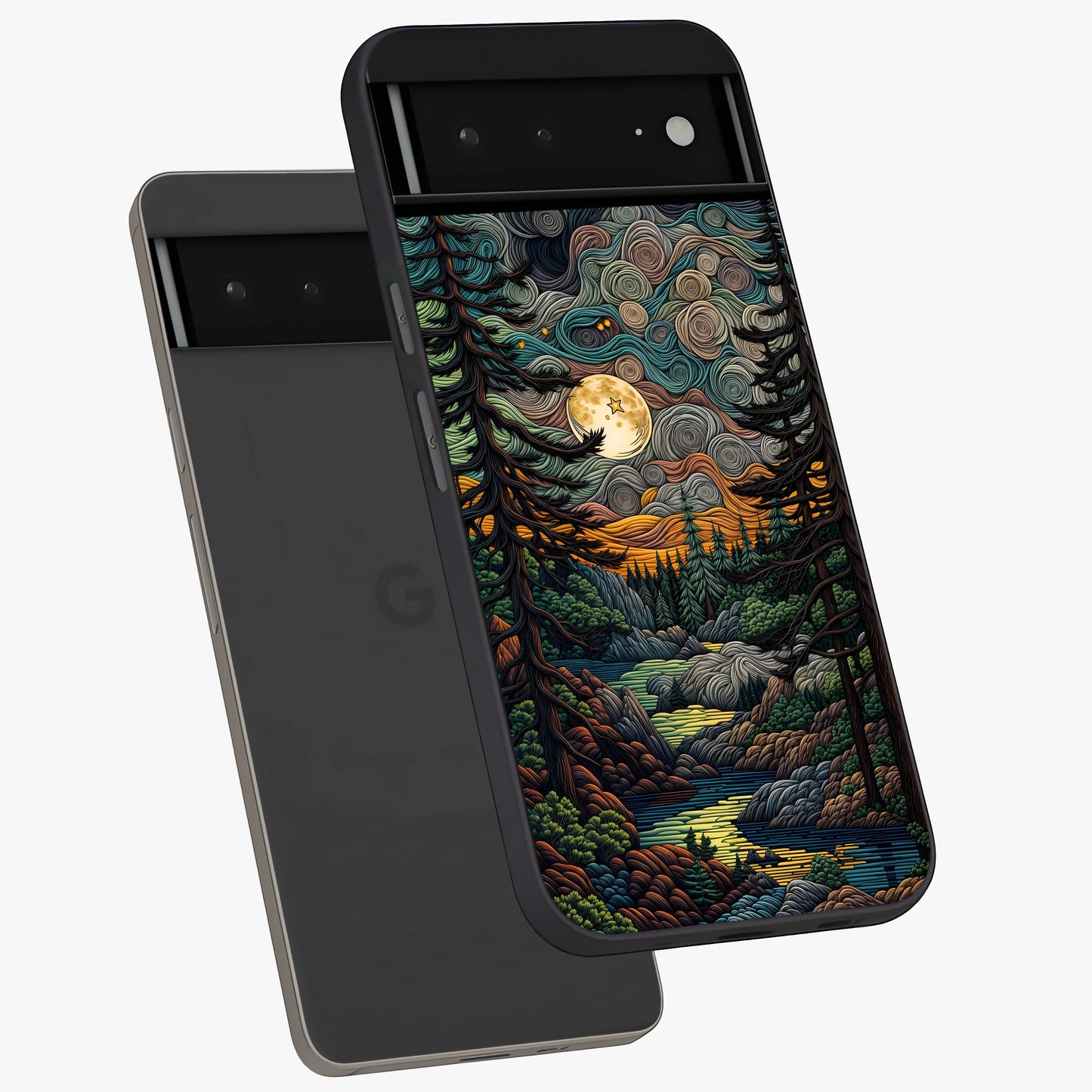 Moonlight Forest Dream Glass Case displayed in angled mockup highlighting dreamy forest design with glowing moon aesthetic.