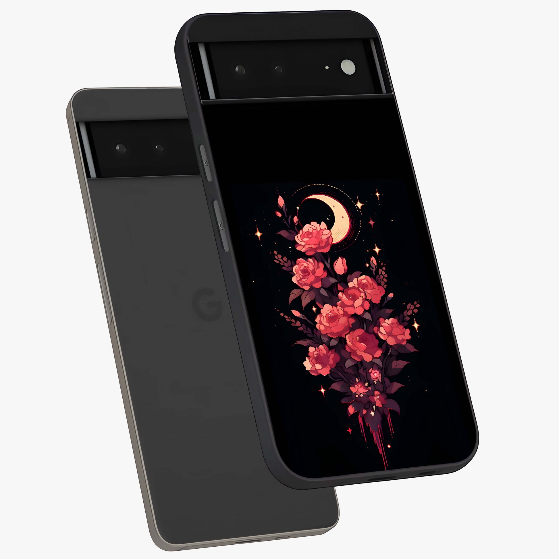 Moonlit Floral Elegance Glass Case displayed in angled mockup highlighting graceful flower design with soft moonlight aesthetic.