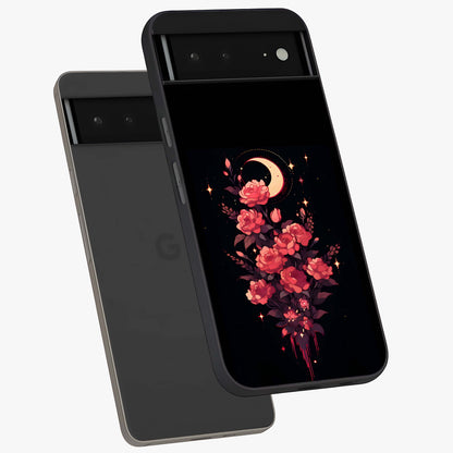 Moonlit Floral Elegance Glass Case displayed in angled mockup highlighting graceful flower design with soft moonlight aesthetic.
