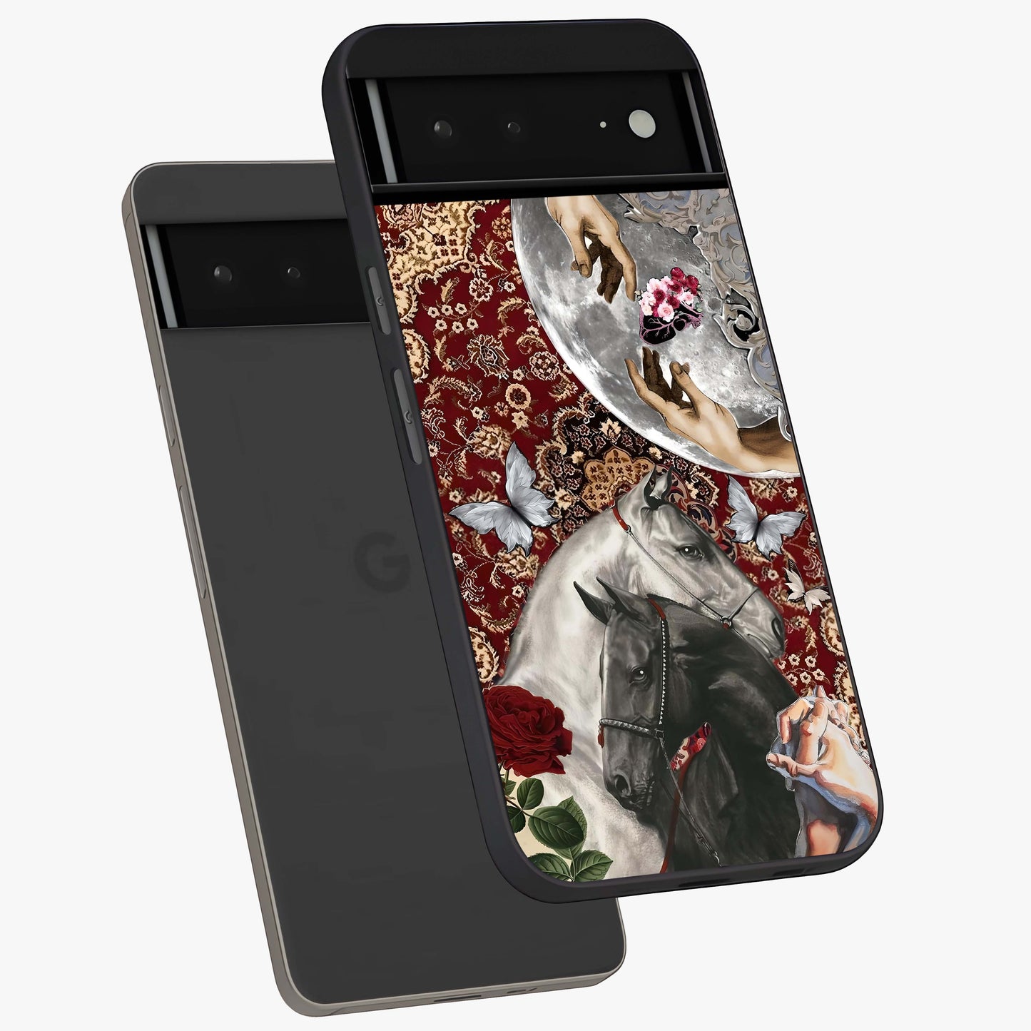 Moonlit Royal Stallion Glass Case displayed in angled mockup highlighting powerful stallion illustration with royal night aesthetic.