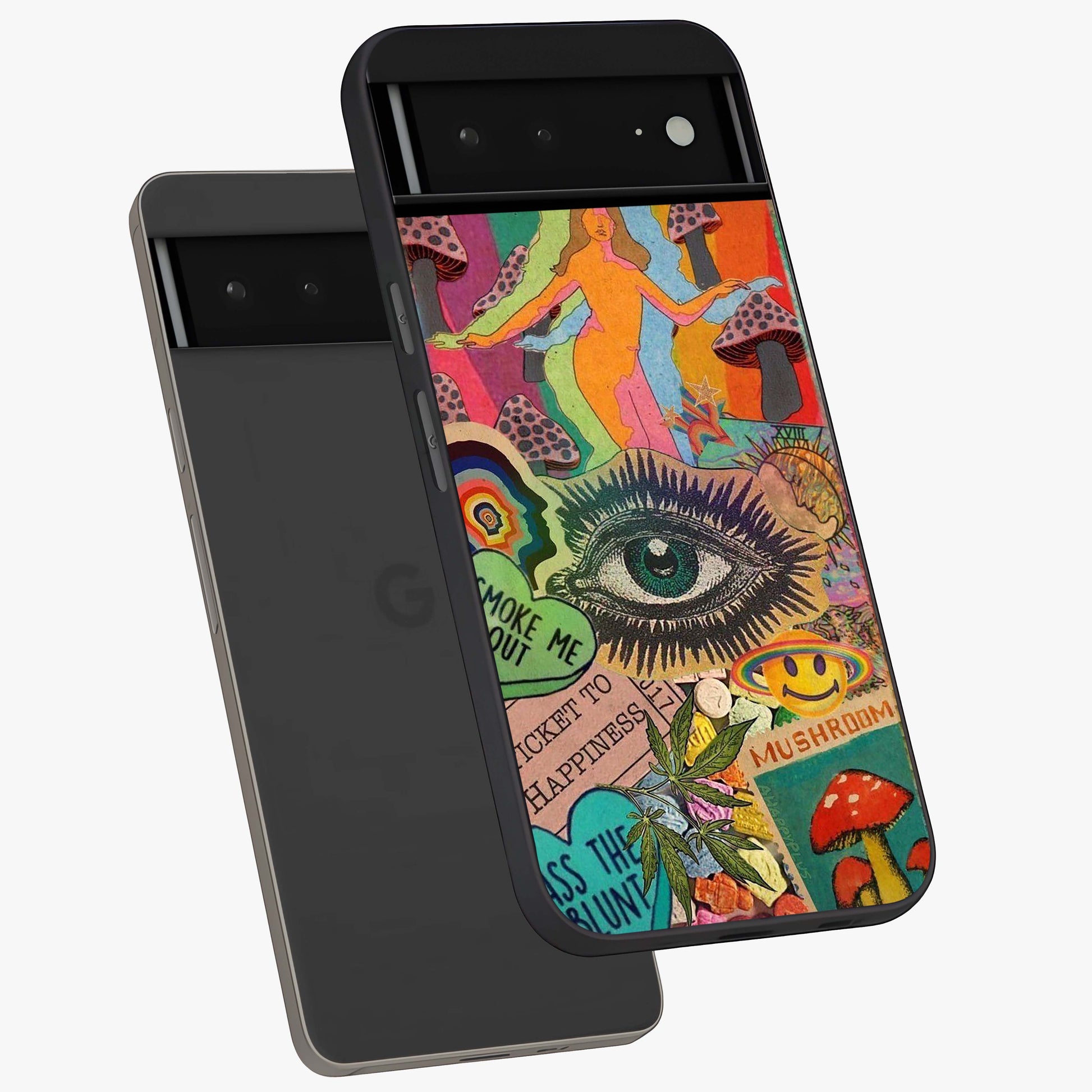 Mystic Eye Wonderland Glass Case displayed in angled mockup highlighting magical eye illustration with dreamy aesthetic.