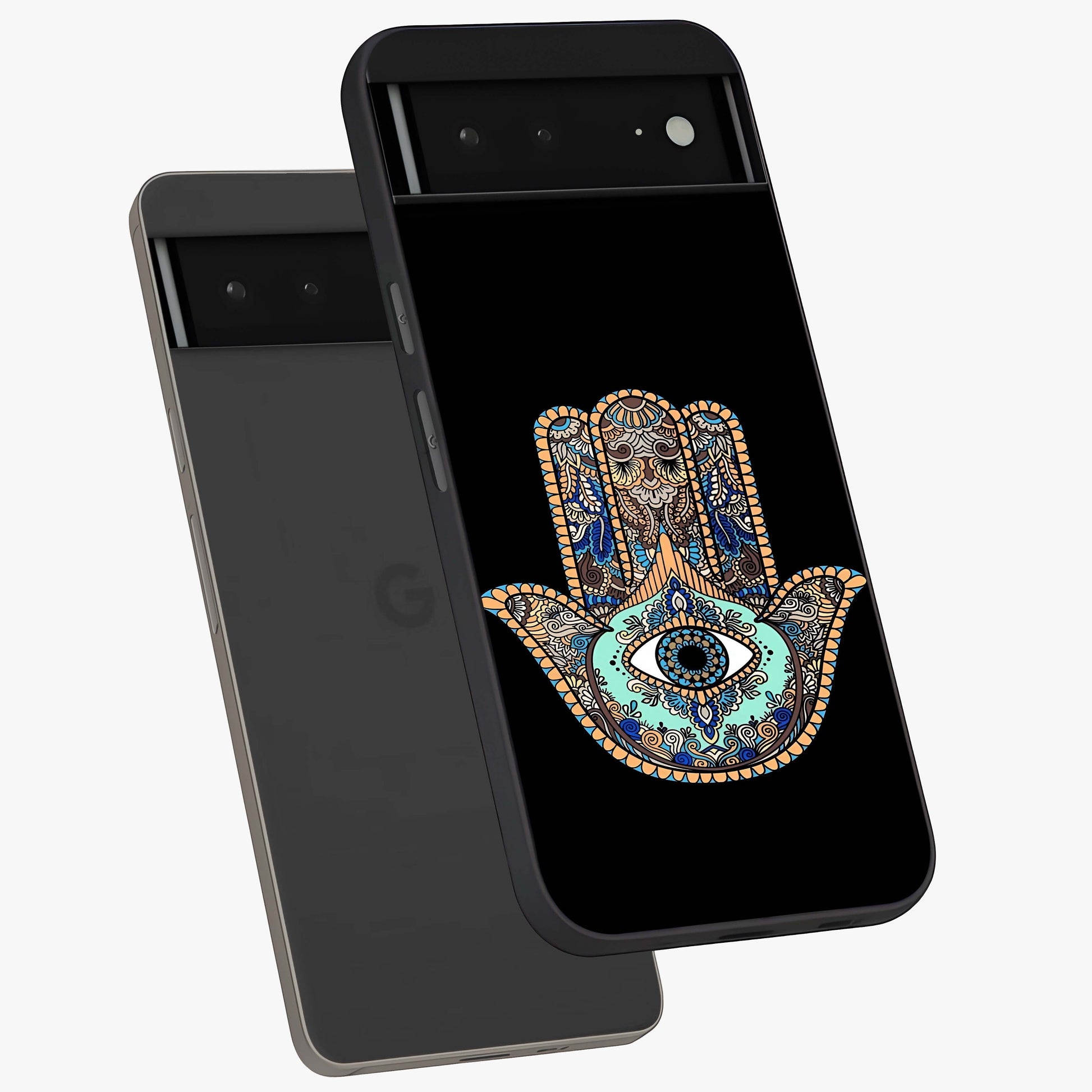 Mystic Hamsa Eye Glass Case displayed in angled mockup highlighting spiritual hamsa symbol with mystical aesthetic style.