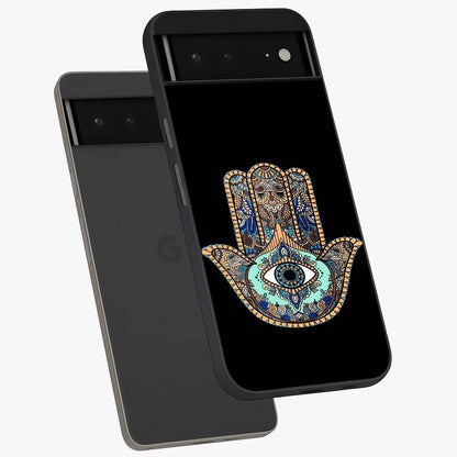 Mystic Hamsa Eye Glass Case displayed in angled mockup highlighting spiritual hamsa symbol with mystical aesthetic style.