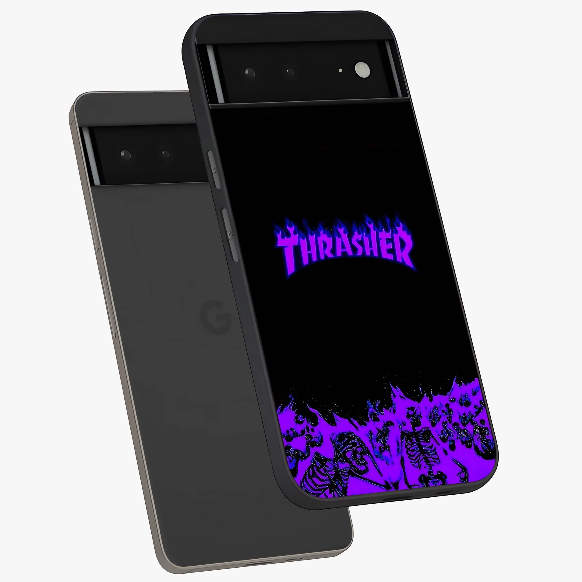 Neon Flame Riot Glass Case displayed in angled mockup highlighting glowing flame design with vibrant neon aesthetic.