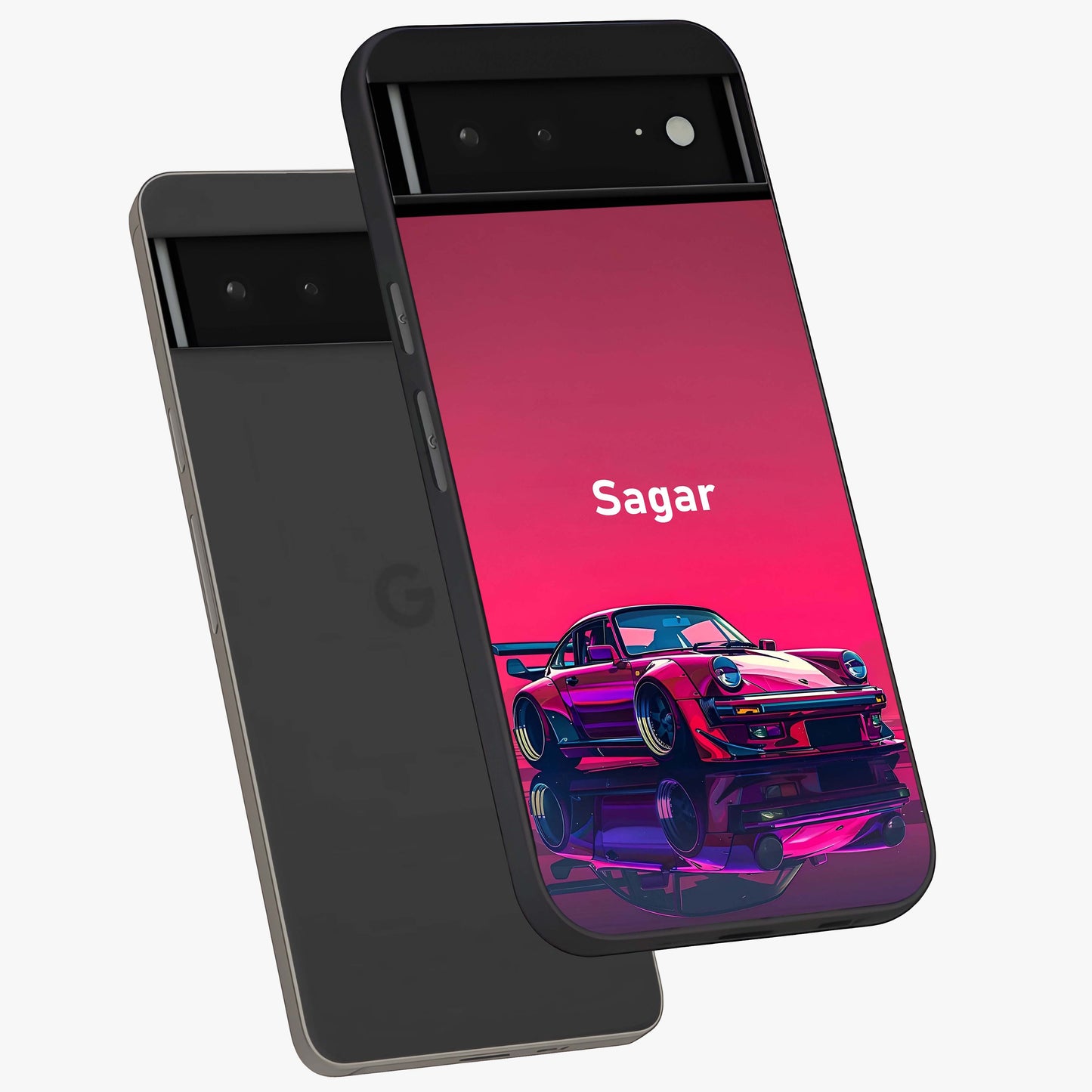 Neon Pink Porsche Glass Case displayed in angled mockup highlighting sleek neon pink car design with racing aesthetic.