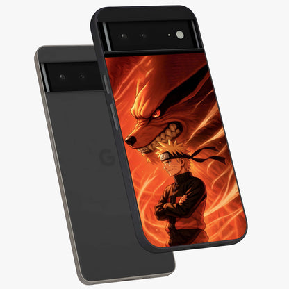 Nine Tails Legacy Glass Case displayed in angled mockup highlighting dynamic anime beast illustration with bold mystical aesthetic.