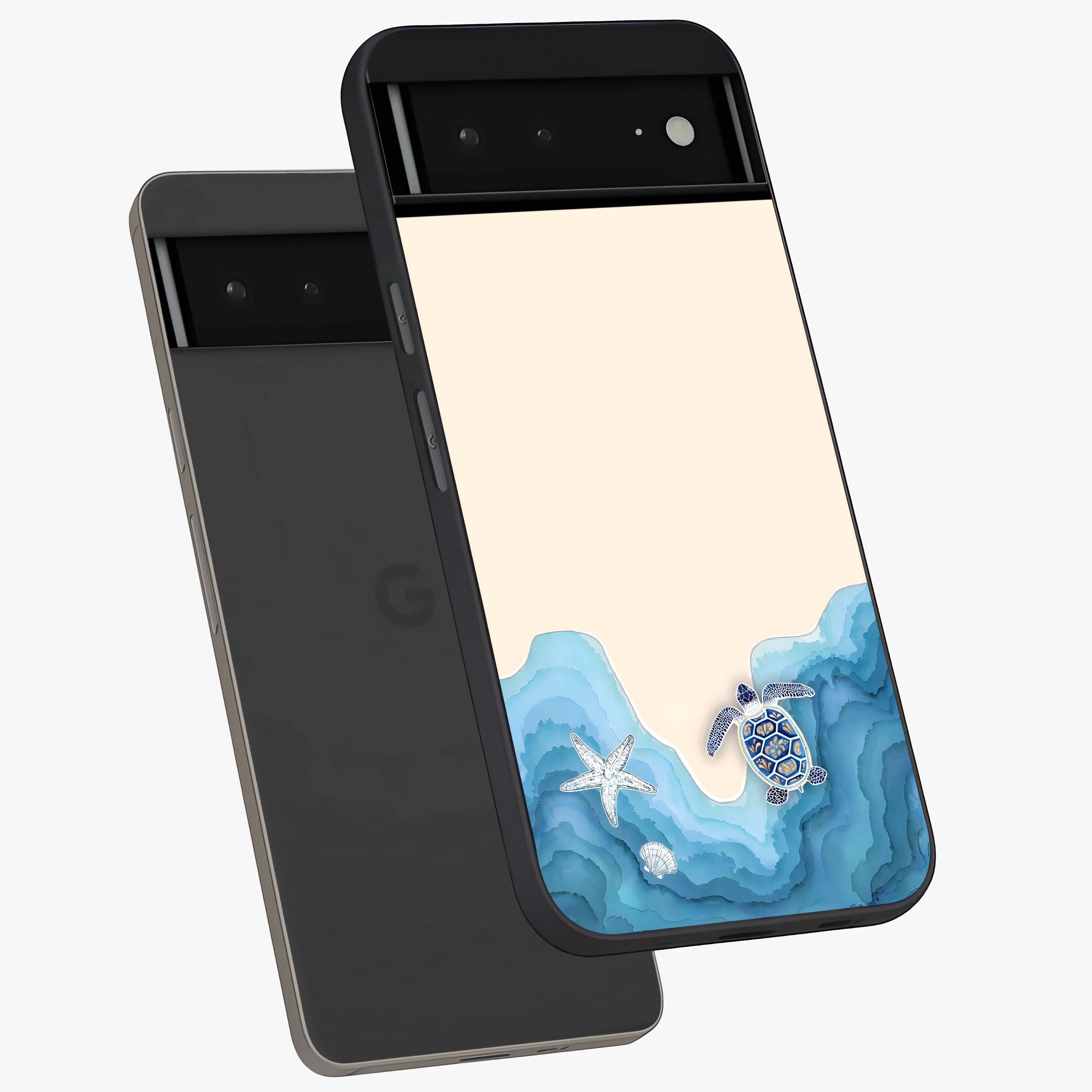 Ocean Drift Turtle Glass Case displayed in angled mockup highlighting peaceful ocean turtle illustration with marine aesthetic.