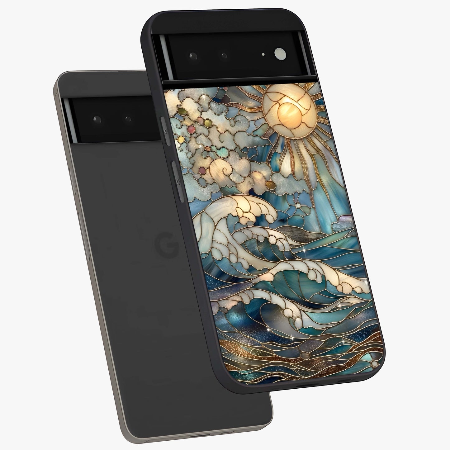 Oceanic Stained Printed Glass Case displayed in angled mockup highlighting colorful aquatic design with artistic aesthetic style.