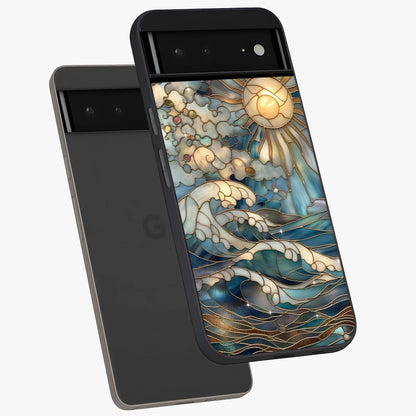 Oceanic Stained Printed Glass Case displayed in angled mockup highlighting colorful aquatic design with artistic aesthetic style.