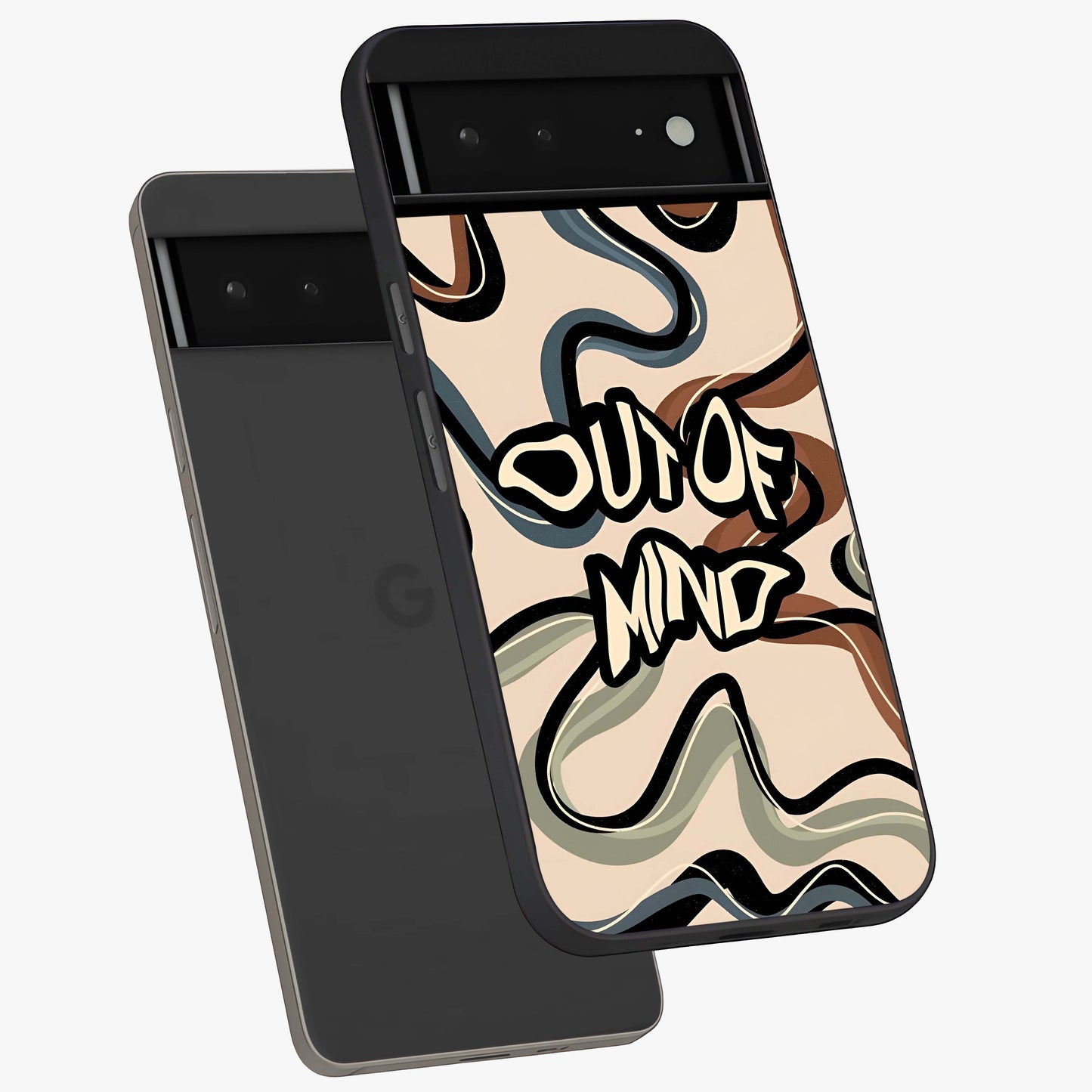 Out Of Mind Glass Case displayed in angled mockup highlighting bold statement design with modern artistic aesthetic.