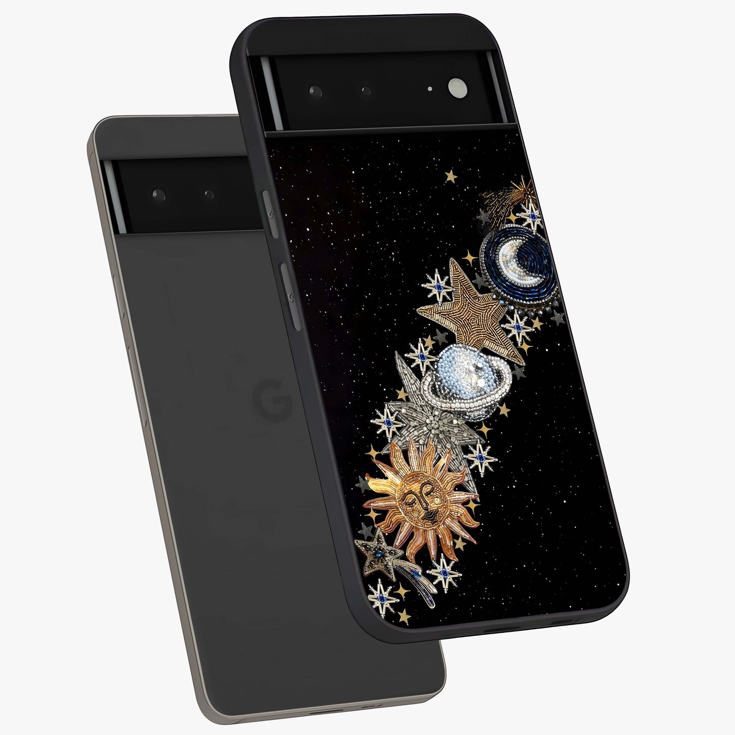 Pearls Universe Object Glass Case displayed in angled mockup highlighting celestial pearl design with dreamy aesthetic.