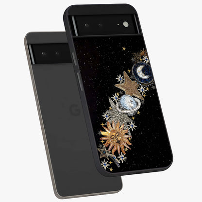 Pearls Universe Object Glass Case displayed in angled mockup highlighting celestial pearl design with dreamy aesthetic.