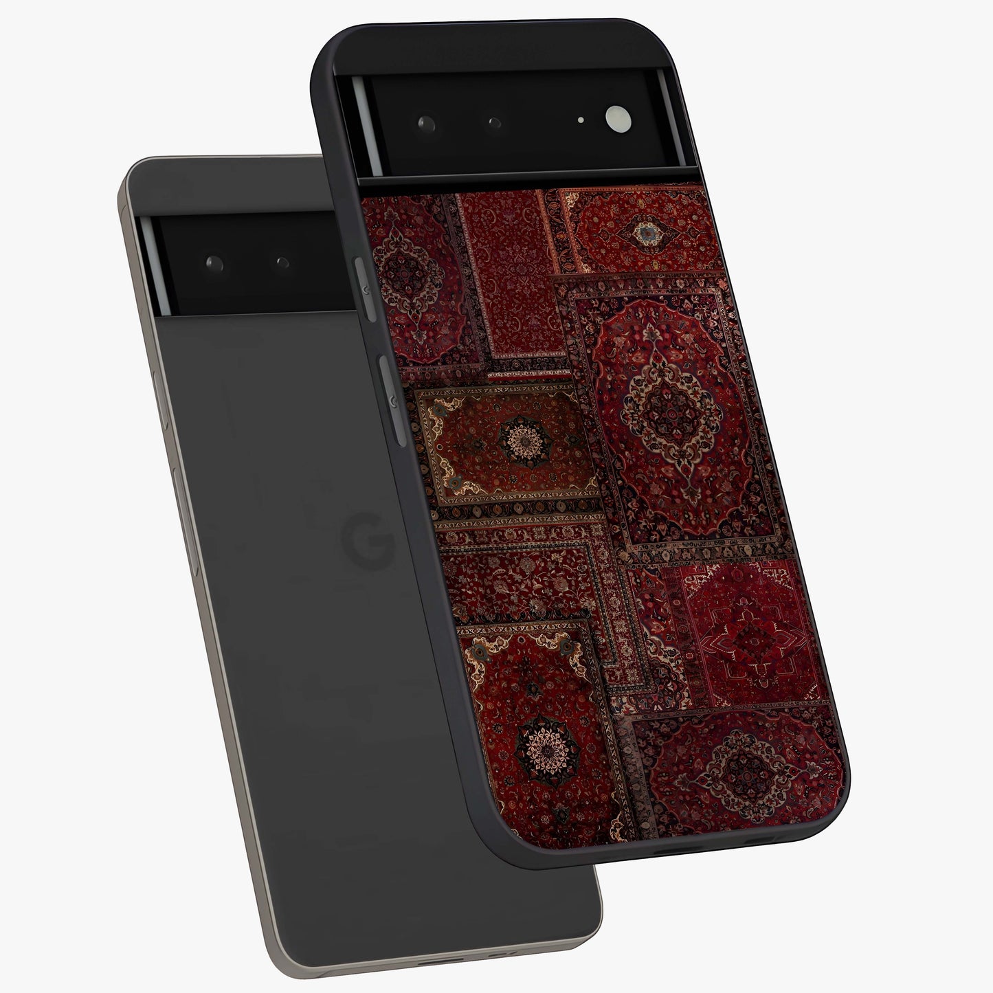 Persian Velvet Tale Glass Case displayed in angled mockup highlighting ornate textile inspired design with royal aesthetic.