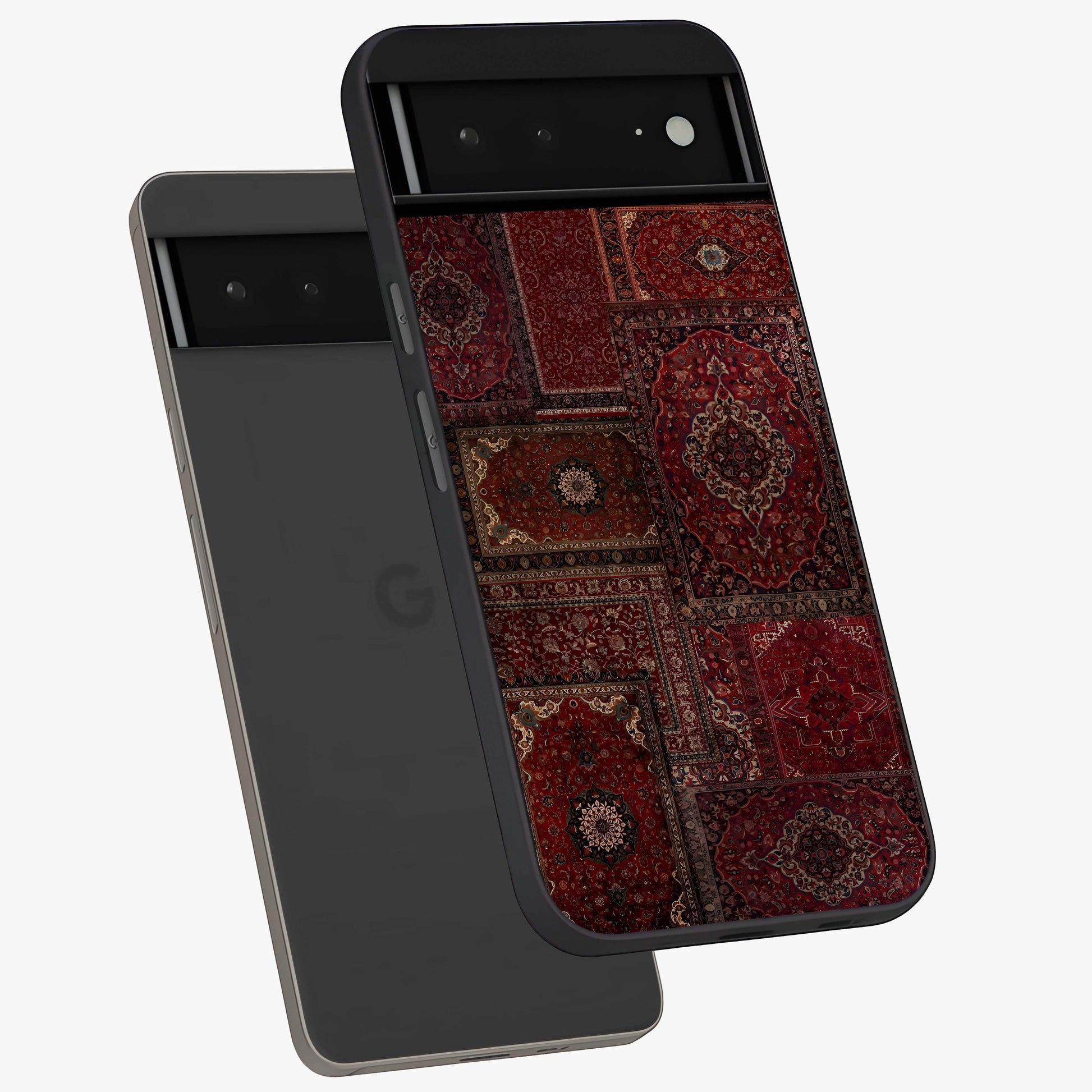Persian Velvet Tale Glass Case displayed in angled mockup highlighting ornate textile inspired design with royal aesthetic.