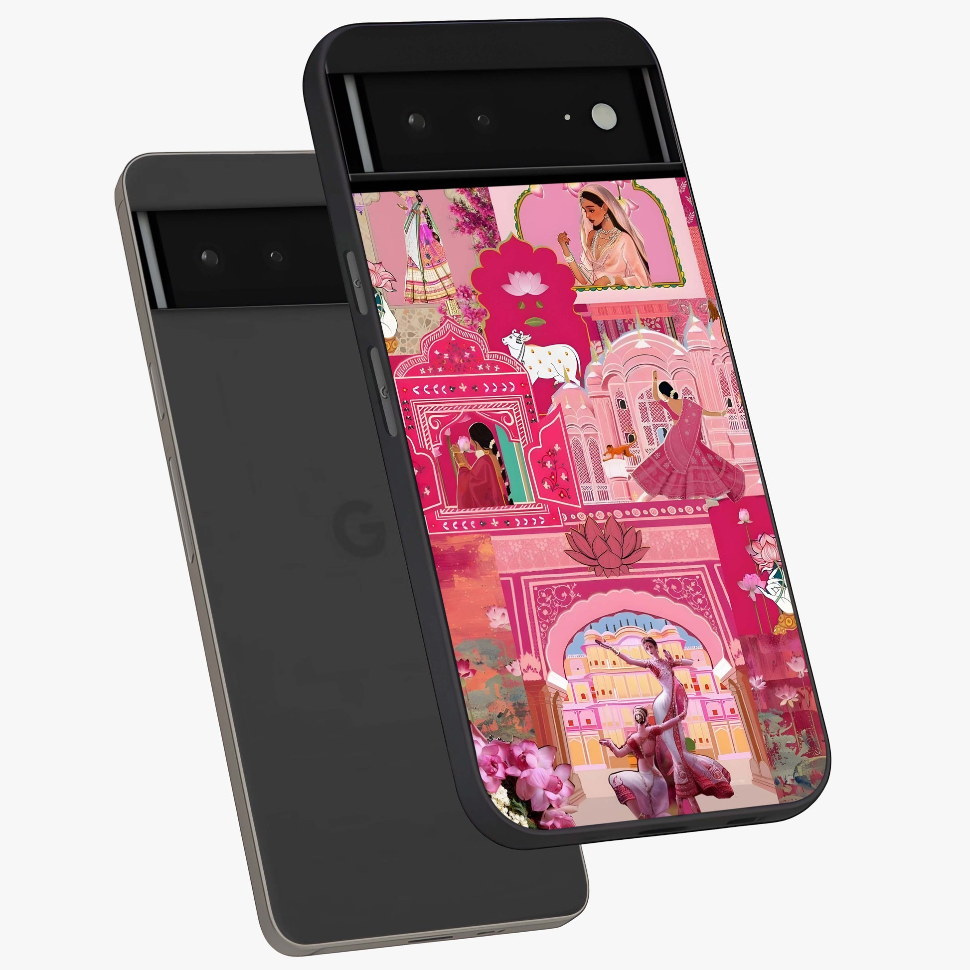 Pink Palace Muse Glass Case displayed in angled mockup highlighting dreamy palace illustration with soft pink aesthetic.