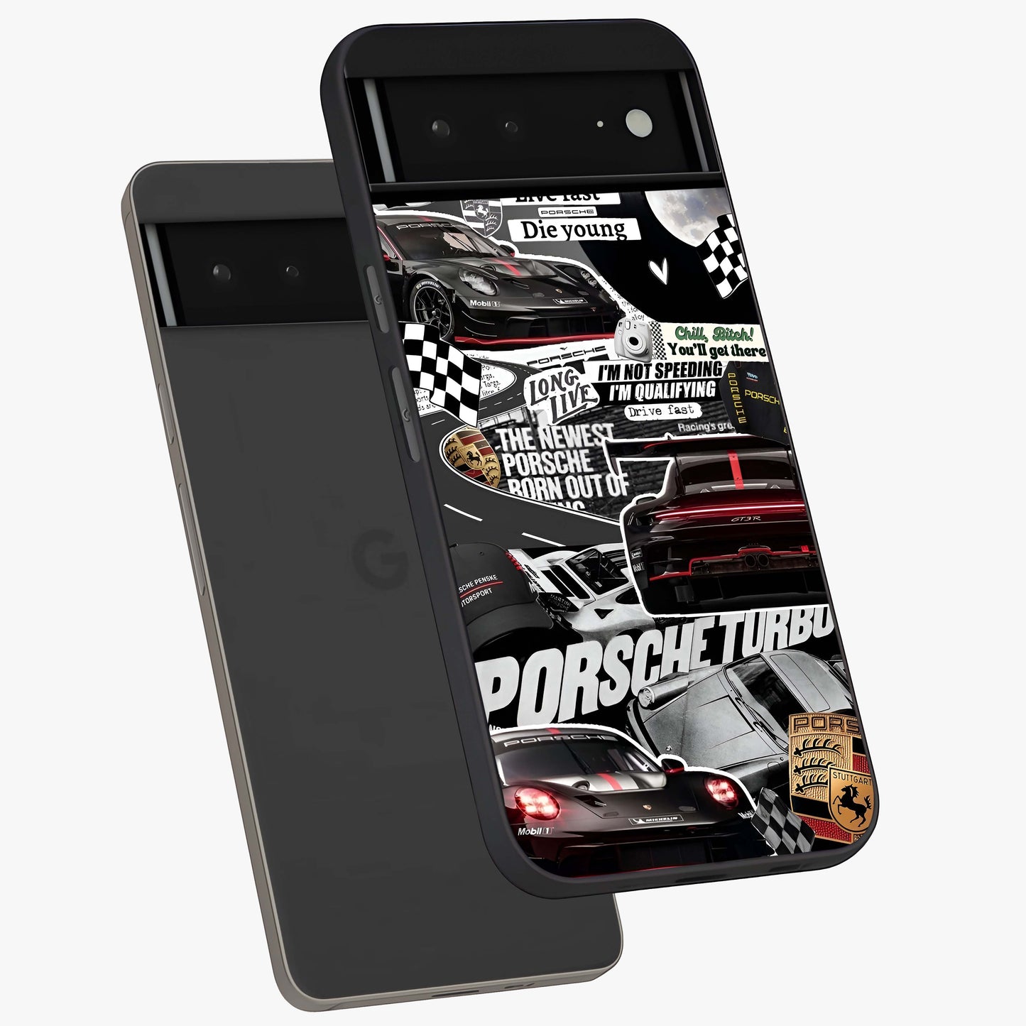 Porsche Racing Collage Glass Case displayed in angled mockup highlighting dynamic automotive design with bold racing aesthetic.