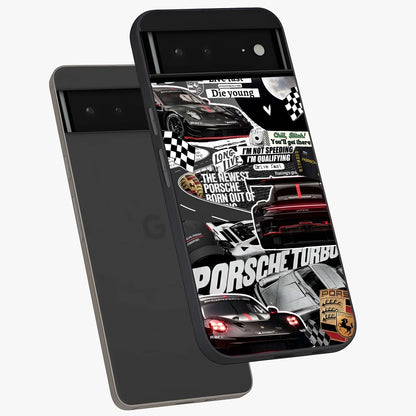 Porsche Racing Collage Glass Case displayed in angled mockup highlighting dynamic automotive design with bold racing aesthetic.