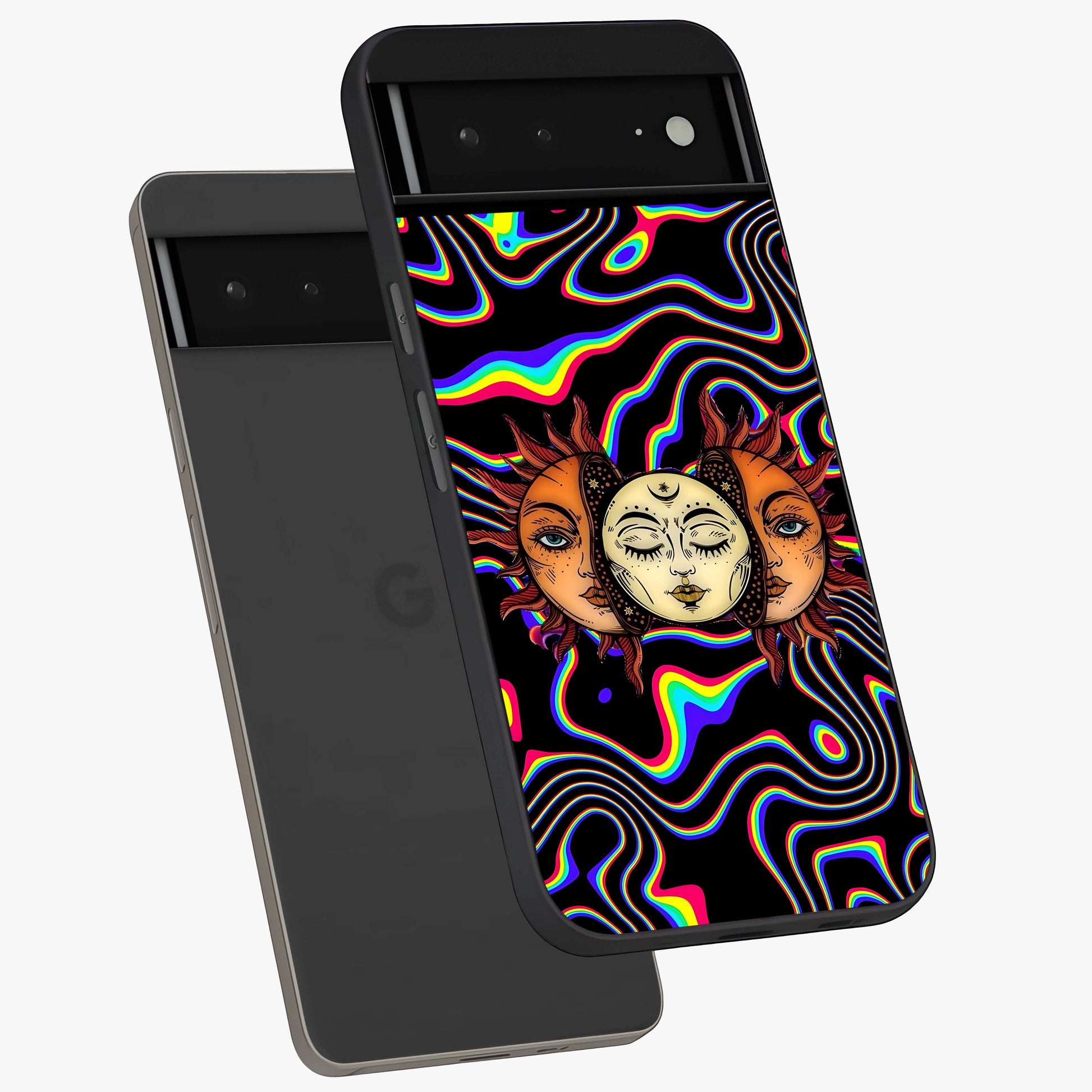 Psychedelic Sun Glass Case displayed in angled mockup highlighting vibrant abstract sun design with artistic aesthetic style.