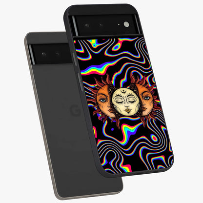 Psychedelic Sun Glass Case displayed in angled mockup highlighting vibrant abstract sun design with artistic aesthetic style.