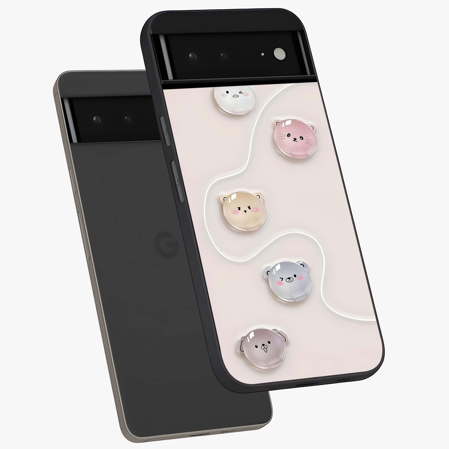 Puffy Face Parade Glass Case displayed in angled mockup highlighting playful cartoon face design with fun aesthetic.