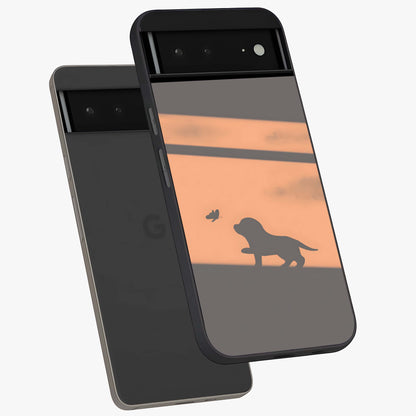 Puppy Shadow Art Glass Case displayed in angled mockup highlighting playful dog illustration with artistic shadow aesthetic.